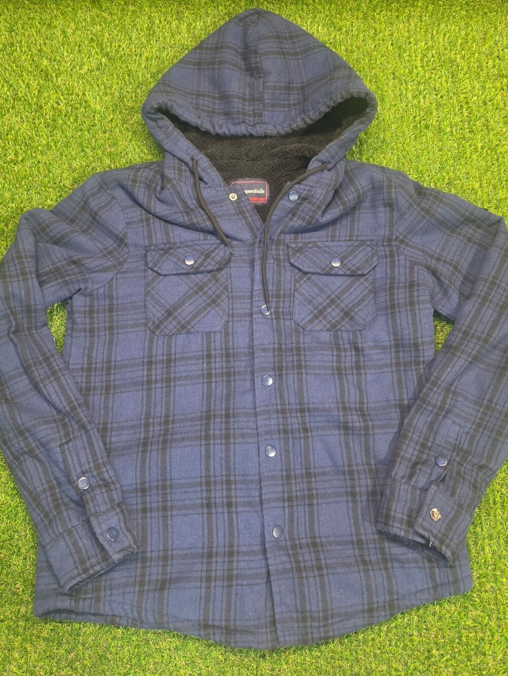 Aeropostale Men's Medium Blue Plaid Hooded Sherpa Lined Flap